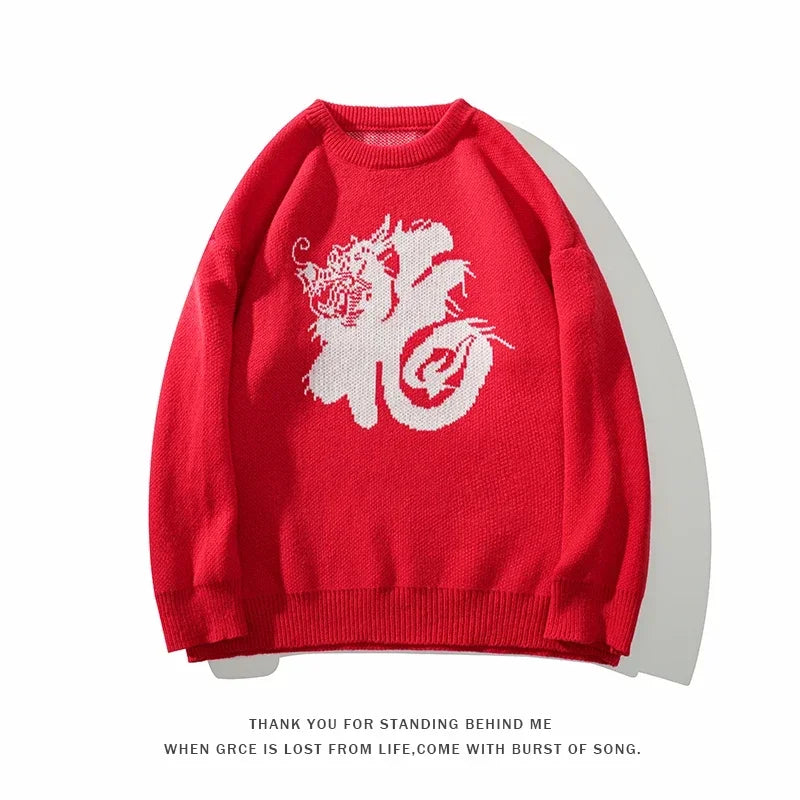 Threebooy 2024 Red Sweater Harajuku Loose Round Neck Long Sleeve Knitwear Lucky Red Knitted Pullovers Men Women Jumper