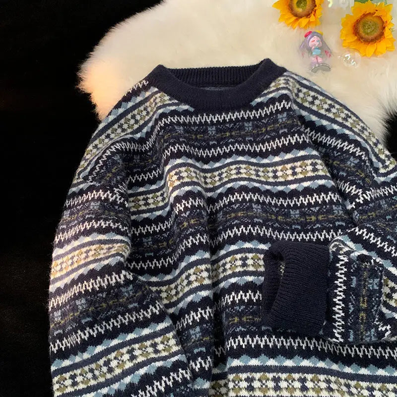 Threebooy Korean Lazy Style Christmas Sweater for Men Autumn Winter New High-end Striped Sweater Top Unisex Vintage Knitted Jacket
