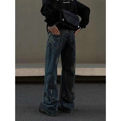 Threebooy Street men and women trendy personality retro blue splashed ink design straight leg jeans couple hip-hop loose casual pants y2k