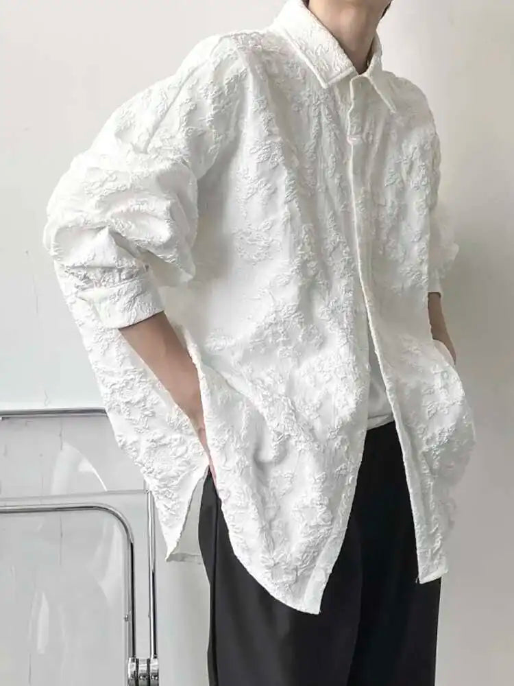 Threebooy  2XL White New Crumpled Jacquard Shirt Loose Fashion Solid Color Casual Turn-down Collar Top New All-match Bat Wing Sleeve P7W