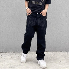 Threebooy Dark Black American Embroidery Fashion Brand Pants High Street Design Sense Embroidery Letter Loose Straight Leg Jeans for Men