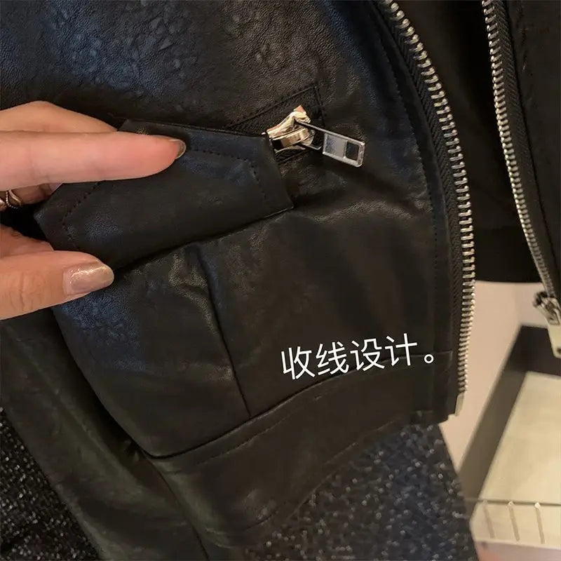 Threebooy American Trendy Motorcycle Suit Slim Short Jacket Double Zipper Washing PU Leather Jacket High Street Versatile Leather Jacket