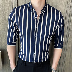Threebooy  Summer New Slim Fit 3/4 Sleeve Men Striped Shirt Korean Fashion Button Up Harajuku Blouse