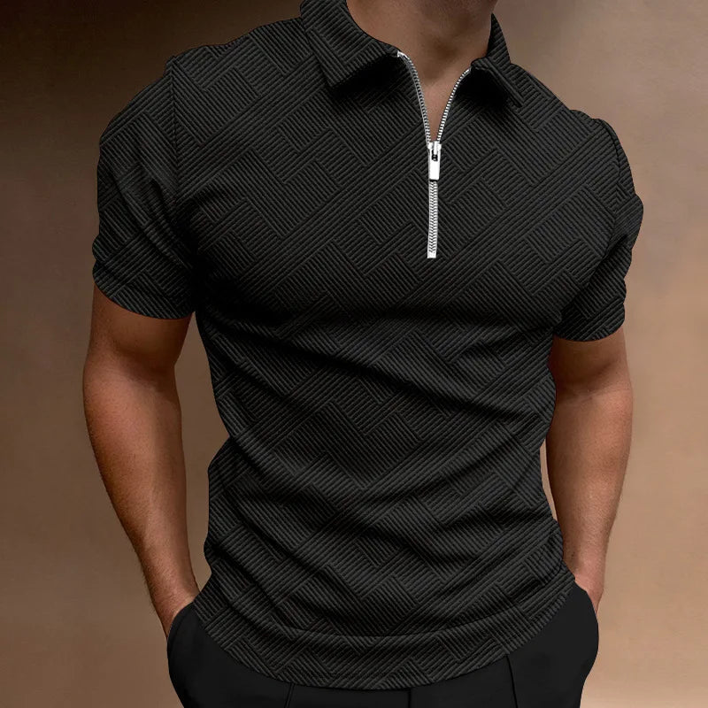 Threebooy  Summer Men Solid Color Zipper Polo Shirt Short Sleeve Sport Top