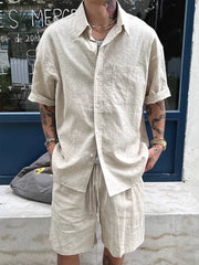 Threebooy  American Style Cotton Linen Casual Sports Set Men Loose Workwear Short Sleeve Shirt Linen Breathable Five-Quarter Shorts Two-...