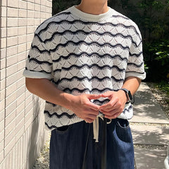 Threebooy  2025 Summer Men's Knit Jacquard Short Sleeve T-shirts Striped Hollow Out Casual Tshirts New Y2K Vintage Streetwear Tee Tops