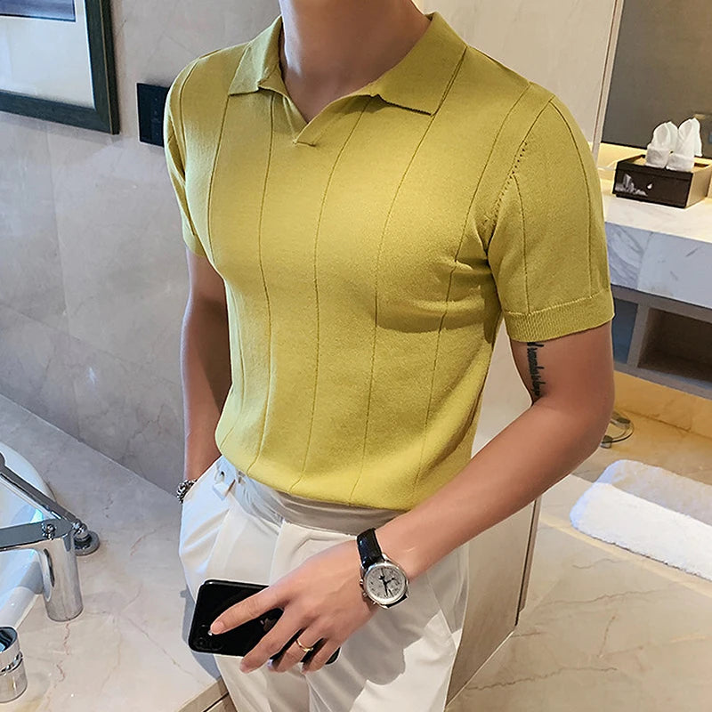 Threebooy Summer Men’s Luxury Clothing V-neck Knit Polo Shirt Casual Striped Solid Short Sleeve T-shirt Breathable Slim Fashion Knitwear