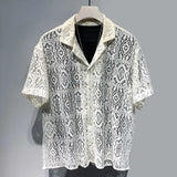 Threebooy Mens See-Through Hollow Short-Sleeve Casual Shirt 2024 New Genderless Fashion Individuality Retro Sexy Lace Loose Shirt Unisex