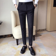 Threebooy  High Quality Korean Summer Solid Drape Suit Pants Men Clothing Simple Slim Fit Ankle Length Office Trousers Formal Wear 36