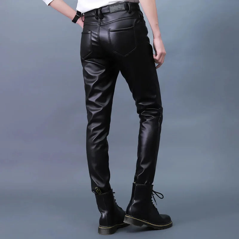 Threebooy Men Leather Pants Slim PU Leather Trousers Fashion Elastic Motorcycle Leather Pants Waterproof Oil-Proof Male Bottoms Oversized