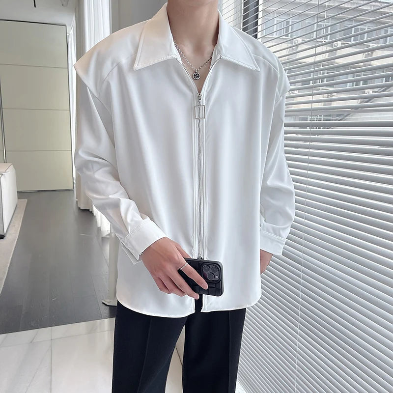 Threebooy Fake Two Piece Solid Zipper Chic Shirt Turn-down Collar Handsome Long Sleeve Shirts Man Streetwear Casual Men's Clothing
