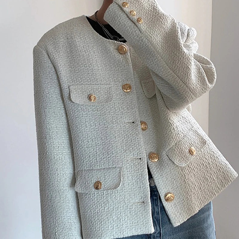 Threebooy Korean Style Fashionable Tweed Round Neck Jacket Men Japanese Trendy High-end Single-breasted Short Jacket with Temperament