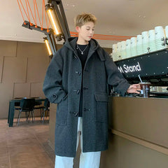 Threebooy Korean Streetwear Hooded Woolen Trench Coat Men Autumn Winter Preppy Mid-length Windbreaker High-end Horn Button Woolen Coat