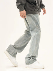 Threebooy American high street stitching light straight leg jeans with loose design and a sense of high-end hip-hop trendy pants