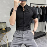 Threebooy  Brand Clothing Men's Summer Leisure Stripe Short Sleeve Shirts/Male Slim Fit Business Lapel Shirts Black White S-5XL