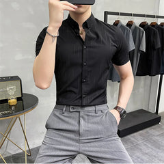 Threebooy  Brand Clothing Men's Summer Leisure Stripe Short Sleeve Shirts/Male Slim Fit Business Lapel Shirts Black White S-5XL