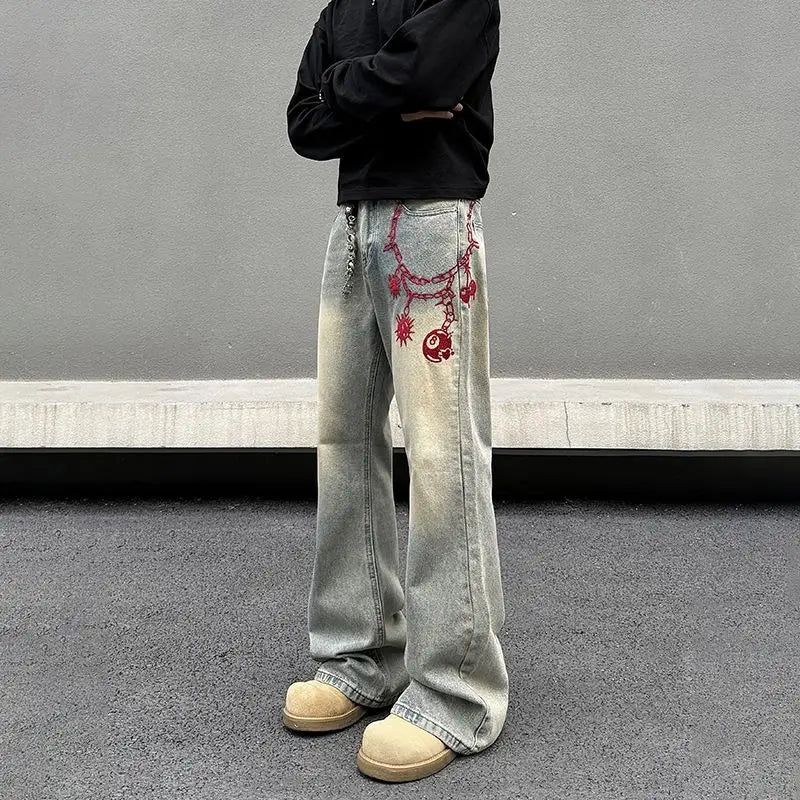 Threebooy American retro men and women trend personalized embroidered straight leg washed jeans couple spring and autumn casual pants y2k