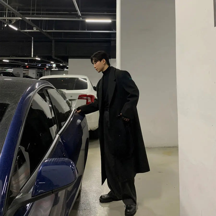 Threebooy Korean High-end Wool Coat Autumn Winter Japanese Fashionable Men Over-knee Mid-length Wool Coat Men Simple Streetwear