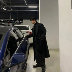 Threebooy Korean High-end Wool Coat Autumn Winter Japanese Fashionable Men Over-knee Mid-length Wool Coat Men Simple Streetwear