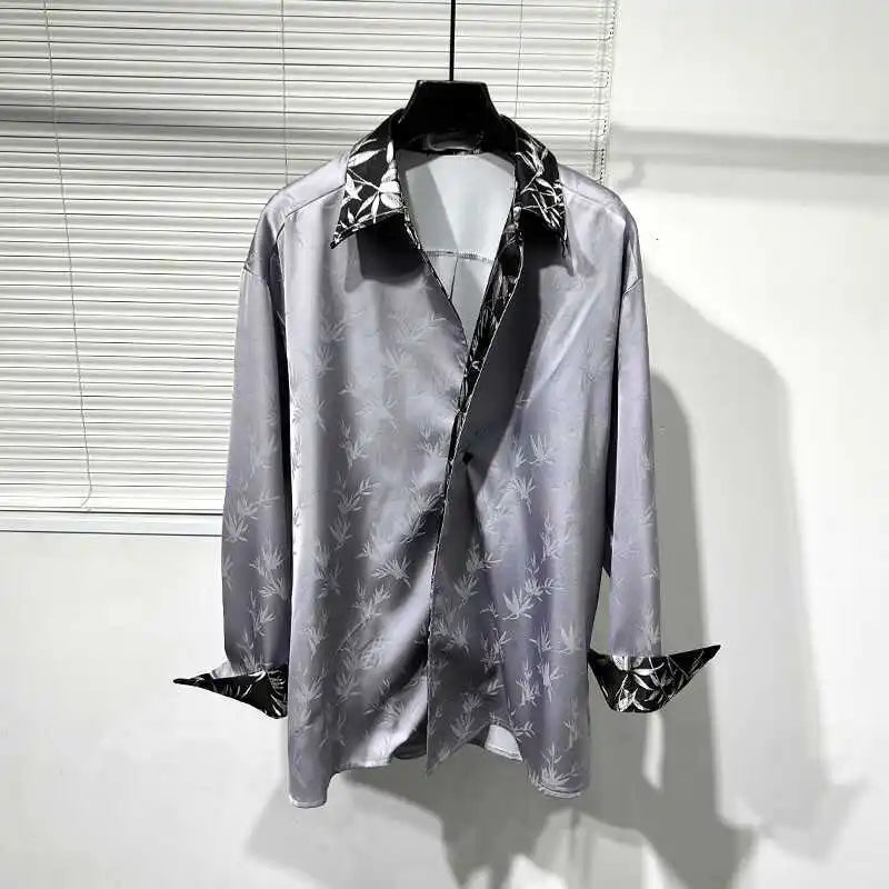 Threebooy Spring Autumn Vintage Patterned Shirt Casual Versatile Long Sleeve Shirt Men's High-end Solid Oversized Design High-end Blouse