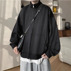 Threebooy Spring Autumn Men's Stand Collar Cardigan Hoodies Solid Color Loose Hoodie Outerwear Men Fashion Double Zipper Casual Jacket 5XL