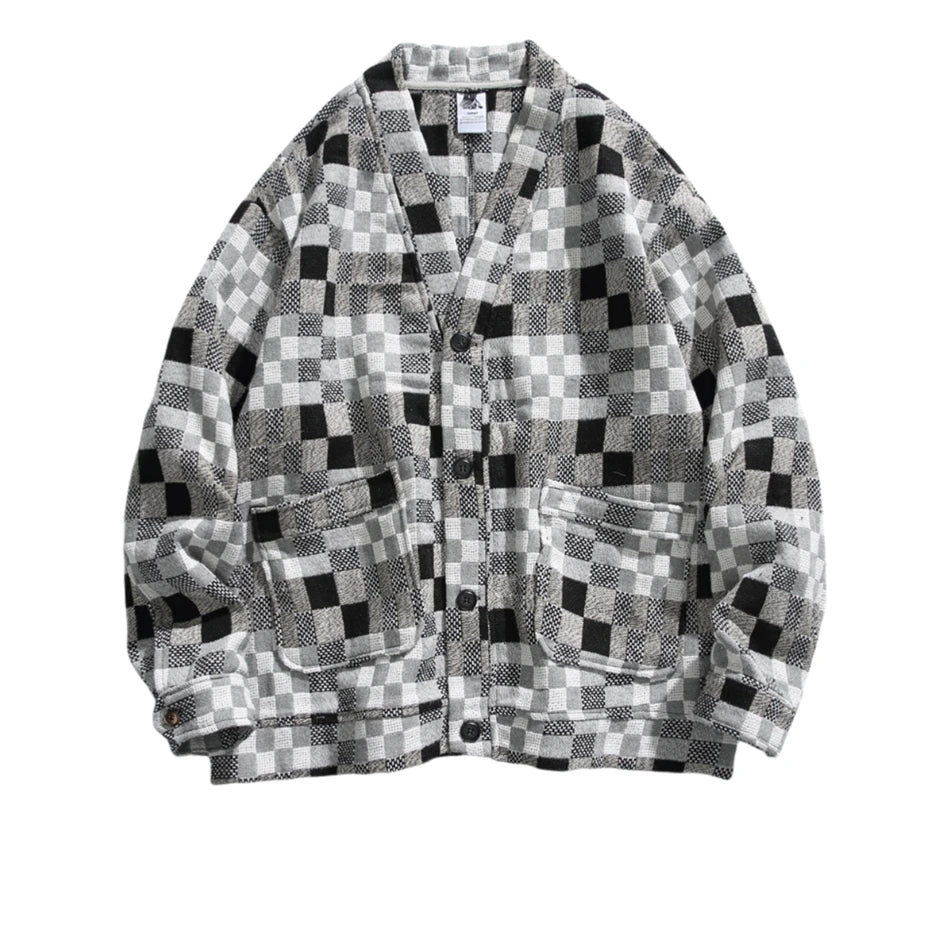 Threebooy Vintage Plaid Wool Cardigan Jackets Mens Streetwear Harajuku Casual Coats Men Oversized Autumn New Large Pockets Loose Jacket