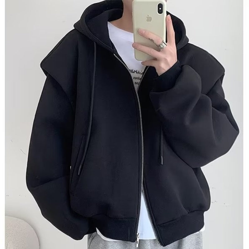 Threebooy Autumn Korean Zipper Hoody Large Silhouette Hooded Composite Shoulder Pad Cardigan Jacket Men Casual Handsome Hooded Sweatshirt