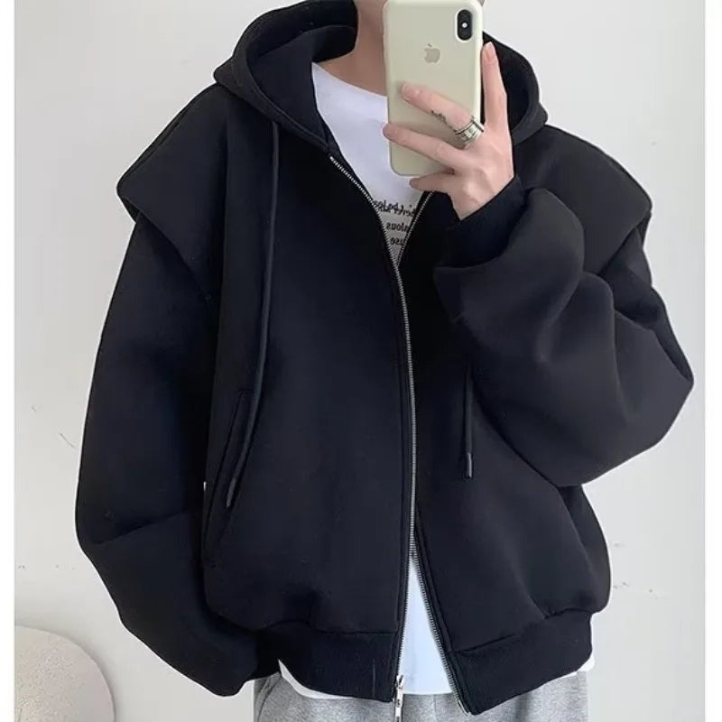 Threebooy Autumn Korean Zipper Hoody Large Silhouette Hooded Composite Shoulder Pad Cardigan Jacket Men Casual Handsome Hooded Sweatshirt