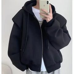Threebooy Autumn Korean Zipper Hoody Large Silhouette Hooded Composite Shoulder Pad Cardigan Jacket Men Casual Handsome Hooded Sweatshirt
