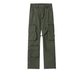 Threebooy High Street Harajuku Strap Zipper Work Suit Casual Pants for Men's Retro Old Army Green Straight Barrel Micro Ra Long Pants