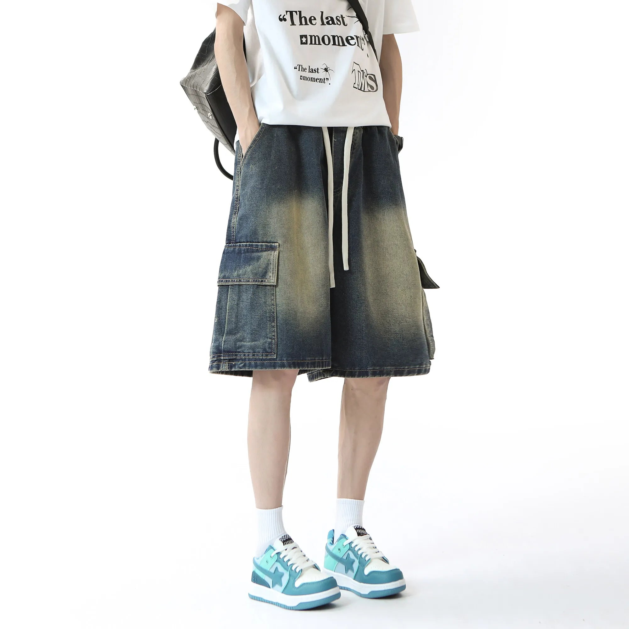 Threebooy Mens Denim Shorts Washed Cargo Drawstring waist Jorts Multi Pocket Workwear Casual Side Large Pockets Stretchy Waistband Outdoor