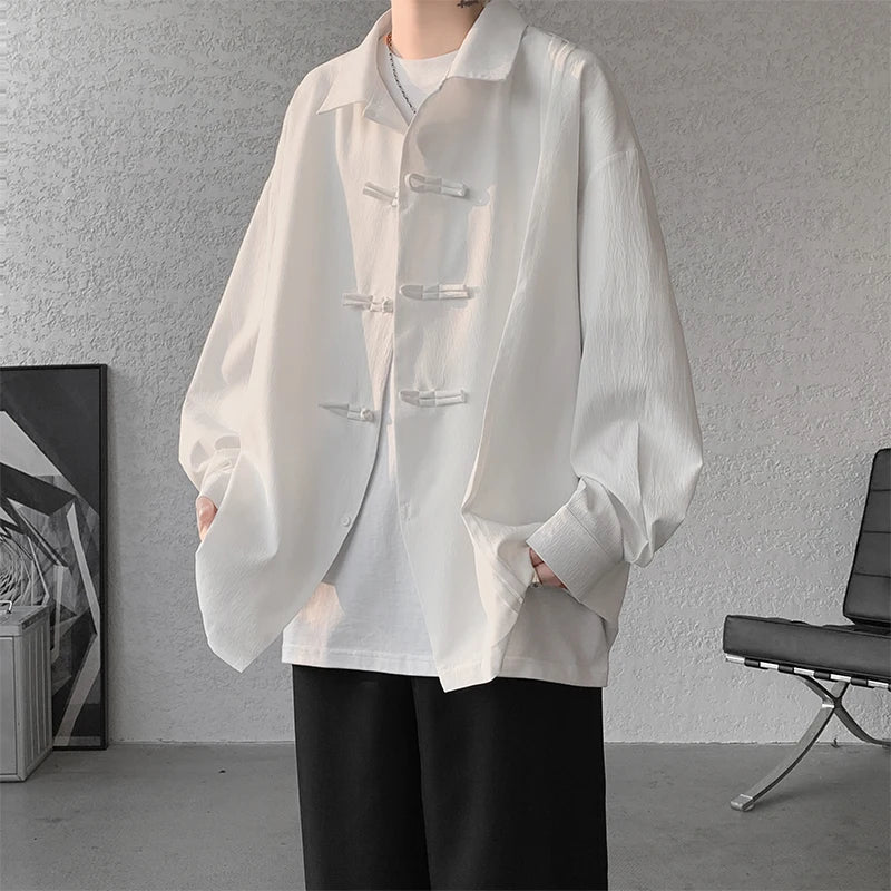 Threebooy Men's Dial Buckle Solid Long Sleeve Shirt Chic Pleated Decor Spring New Loose Casual Traditional Chinese Style Clothing