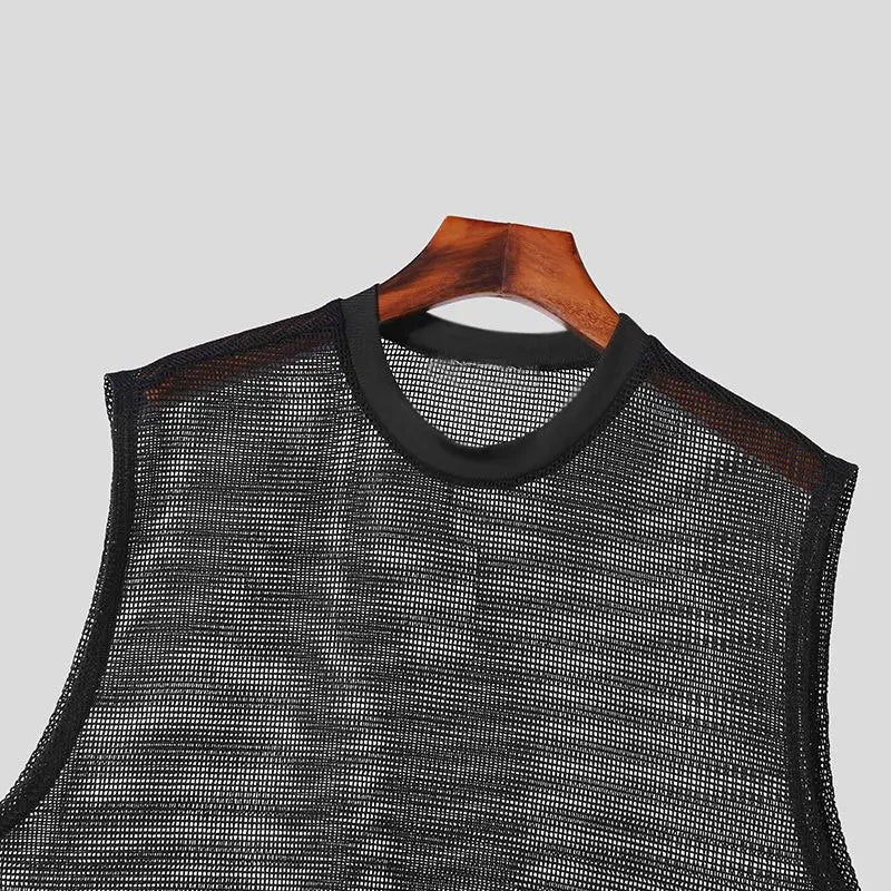 Threebooy  Summer Men's Clothing Luxury Knit Hollw Out Tank Tops O Neck Sleeveless Mesh Sexy Solid Color Party Vest Breathable Knitwear