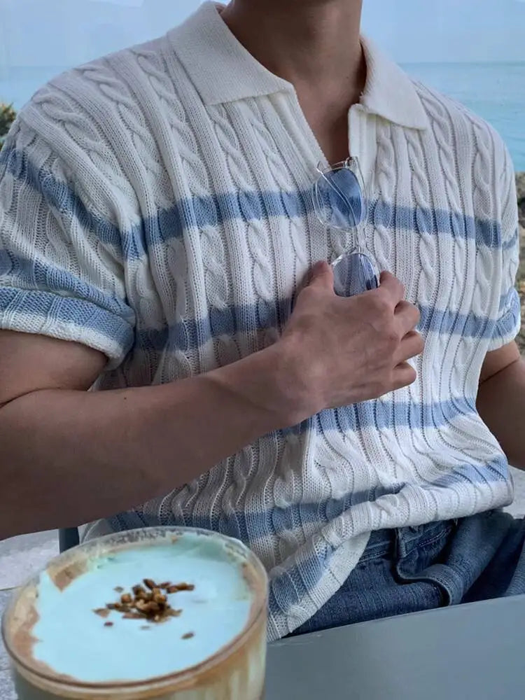 Threebooy 2025 Summer Simple Men's T-shirts Lapel Striped Button Design Knitted Clothing Short Sleeved Casual Male Tees Menswear