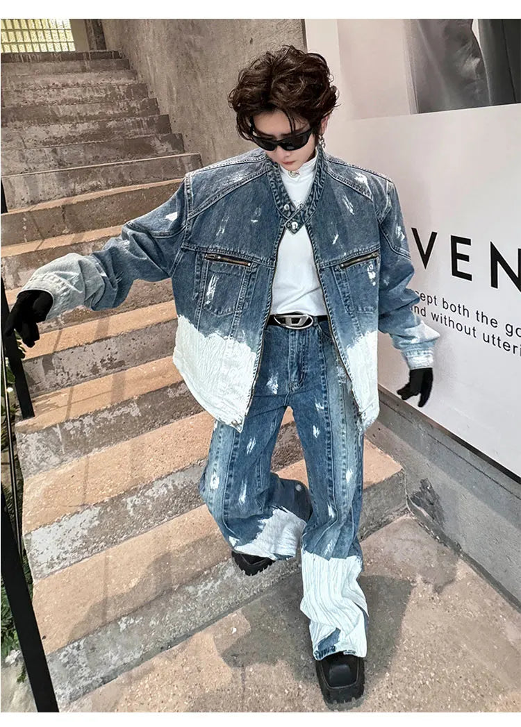 Threebooy Men's New 2-Piece Bleached Faded Denim Set