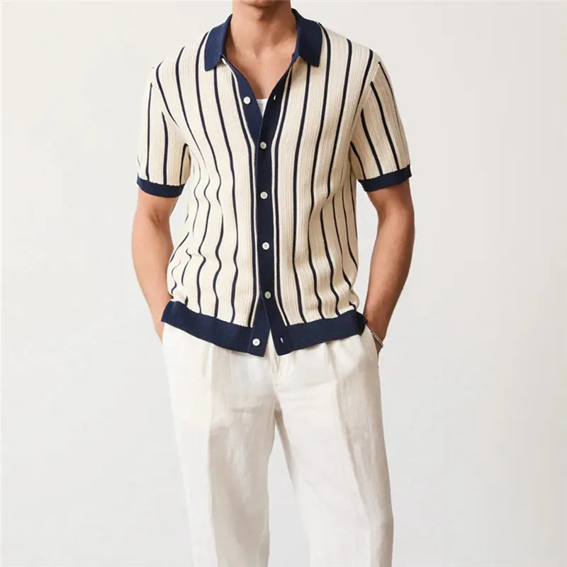 Threebooy New Summer Men's Striped Knit Polo Shirts Fashion Patchwork Short Sleeve Turn Down Collar Smart Casual Polos Men Knitted Tops