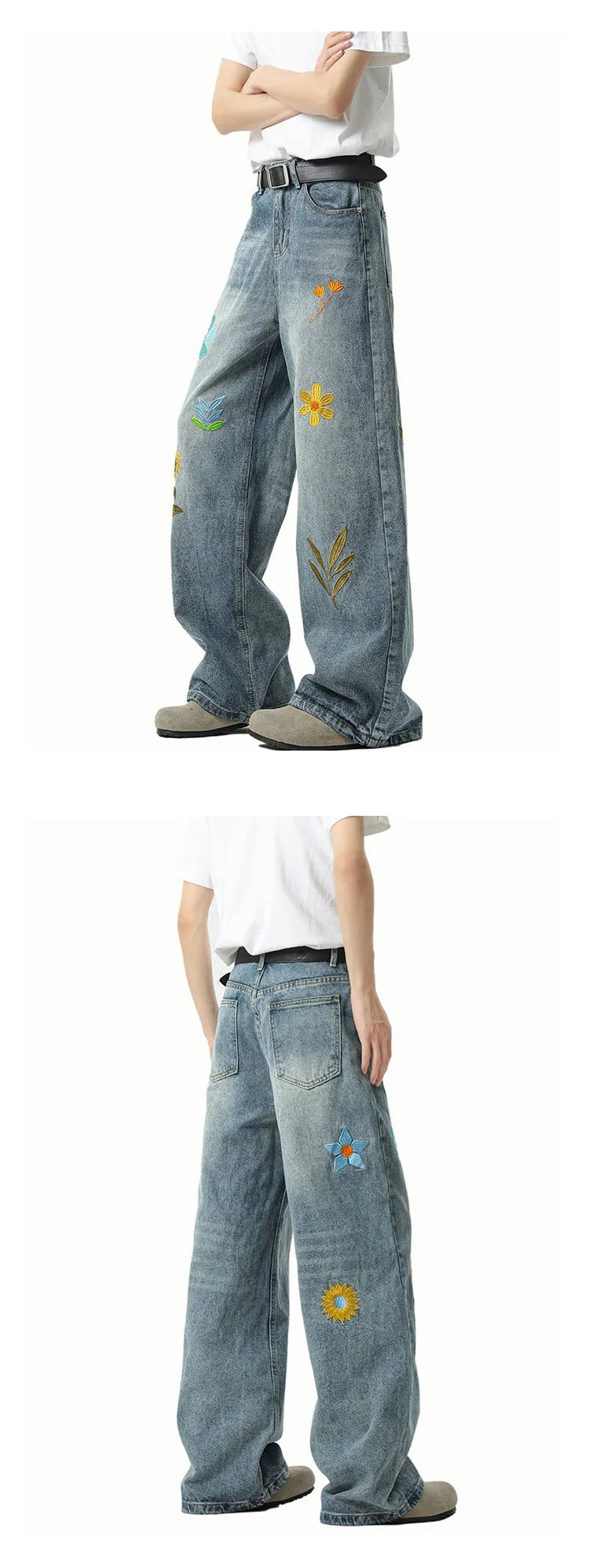 Threebooy Jeans Men Washed Embroidered Jeans Loose Fit Straight Wide Leg Casual Denim Pants Fashion Trendy Streetwear Trousers Comfort