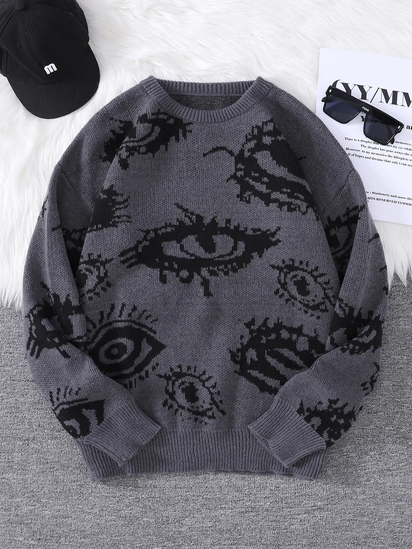 Threebooy  New Popular Autumn and Winter Abstract Eye Jacquard Pattern Pullover Sweater Casual Round Neck Knitted Men's Pullover