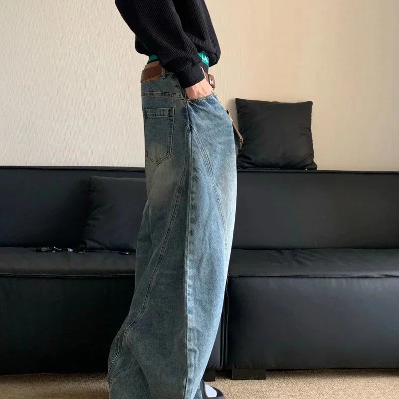 Threebooy  American Retro Washable Loose Straight Jeans Men's Trendy Brand Cleanfit Banana Wide-leg Pants Korean Reviews Many Men's Clothes