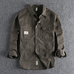 Threebooy  Autumn Loose Youth Workwear Shirt Coat For Male Simple Retro Solid Color 100% Cotton Drop Shoulder Long Sleeve Shirt Men
