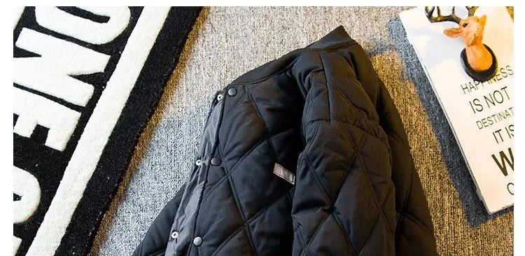 Threebooy Men's Parkas Rhombus Padded Cotton Winter Thickened Retro Casual Baseball Uniforms Warm Coat Stand Collar Single-breasted Coats