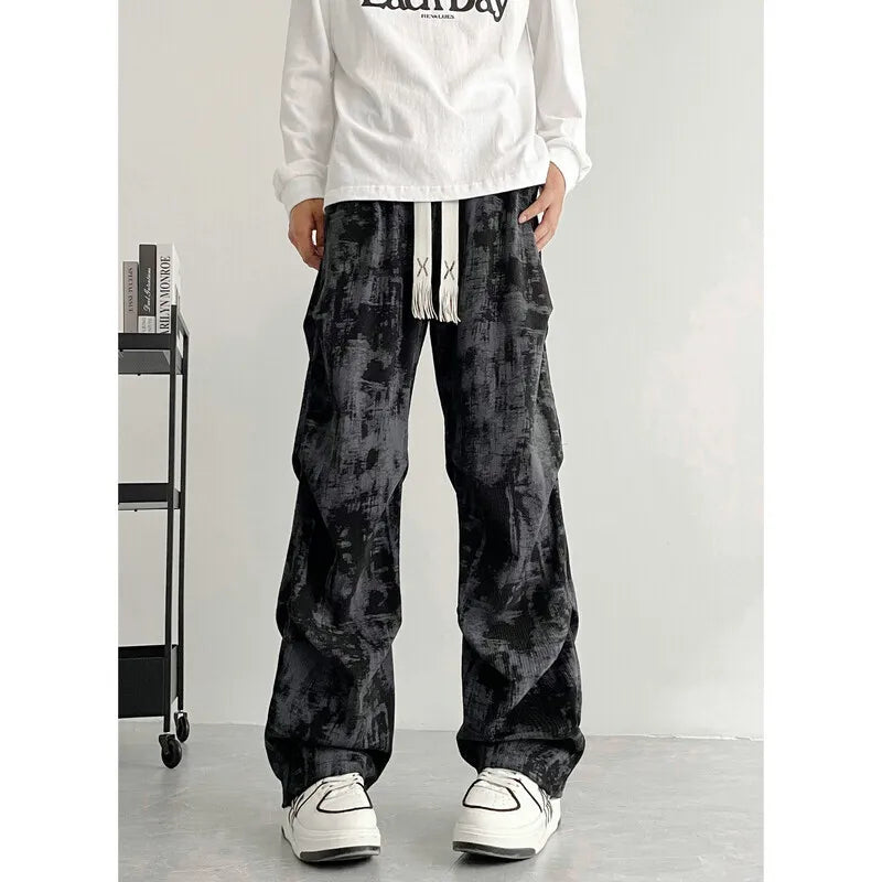 Threebooy Beige Casual Pants Men Fashion Retro Straight Pants Men Streetwear Hip-hop Loose Tie Dye Pants Mens Vintage Trousers M-3XL