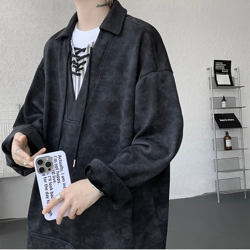 Threebooy Collar Sweatshirt Mens Layered V Neck Pullover Fake Two Piece Streetwear Casual Hoodie Jacket Fall 2025 New Tie Dye Design
