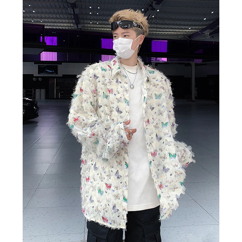Threebooy Summer Thin Shirt Three-dimensional Butterfly Decor Long Sleeve Shirt Tassel Casual Fashion Loose Male Sun-proof Clothing