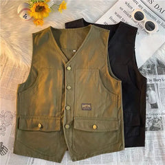 Threebooy  Japanese Retro Multi-pocket Workwear Vest Men Women in Summer Hong Kong Style Loose Versatile Waistcoat Sleeveless Vest Cityboy