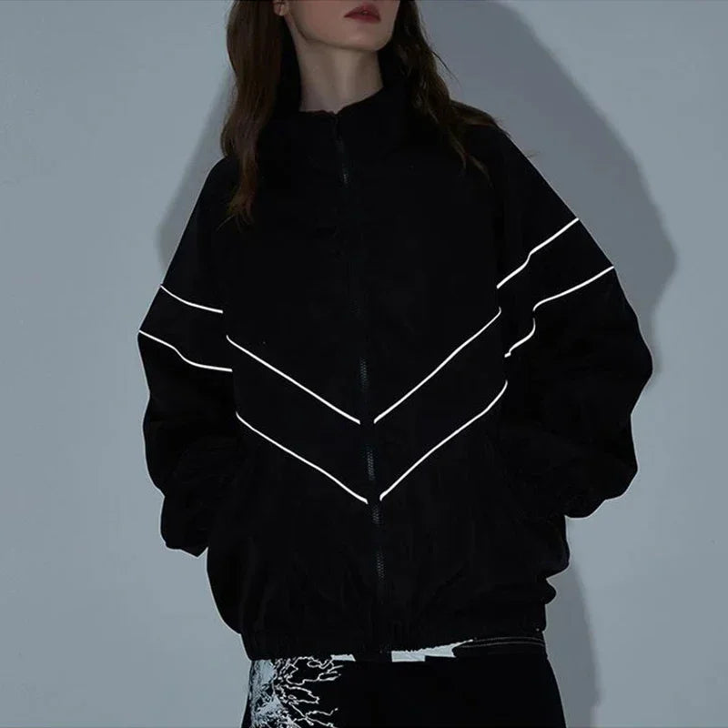 Threebooy 3M Reflect Varsity Jacket Men High Street Patchwork Color Black Windbreaker Coats Women Spring Autumn Fashion College Jackets