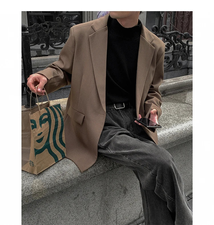 Threebooy Oversized Korean Style Men's Loose Casual Small Suit, Men's 2024 Autumn New Padded Shoulder Suit Jacket Unisex Top