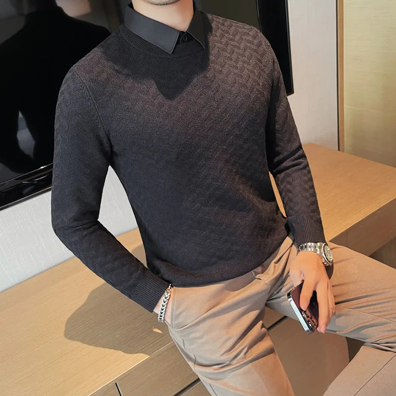 Threebooy Clothing Men's Autumn and Winter Warm Knit Sweater Fake 2 Pieces Shirt Collar Fashion Pullover Man Slim Fit Casual Sweater