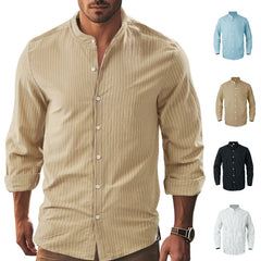 Threebooy 2025 New Autumn New Men's Casual Shirt Business Casual Style Linen Shirt Striped Stand Collar Long Sleeve Cardigan Shirt Men