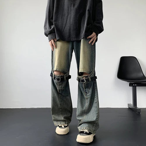 Threebooy Men's Jeans Retro Trousers Knee Holes Splicing High Street Loose Denim Trousers Flared Jeans Straps Cowboy Casual Long Pants